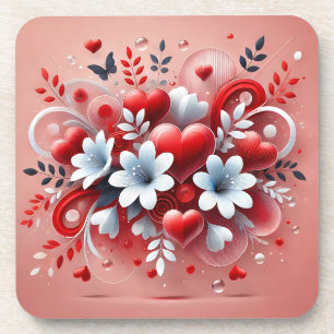 Red Hearts White Flowers Butterfly Valentine's Day Coaster