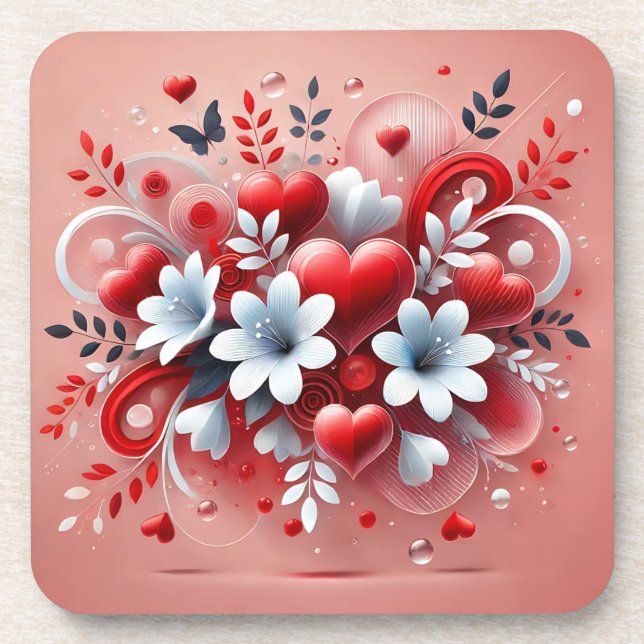 Red Hearts White Flowers Butterfly Valentine's Day Coaster (Front)