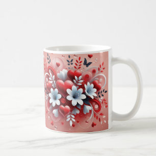 Red Hearts White Flowers Butterfly Valentine's Day Coffee Mug