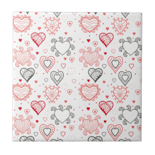 Red Hearts with Black Accents Pattern Ceramic Tile