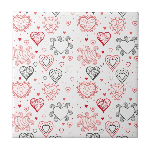 Red Hearts with Black Accents Pattern Ceramic Tile (Front)