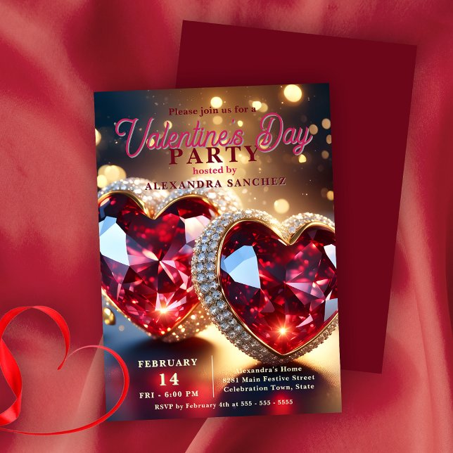 Red Hearts with Gemstones Valentine's Day Party Invitation (Creator Uploaded)