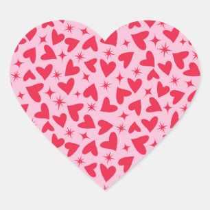 Red Hearts with Retro Starbursts on Pink  Heart Sticker
