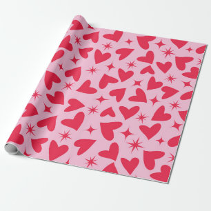 Red Hearts with Retro Starbursts on Pink Wrapping Paper