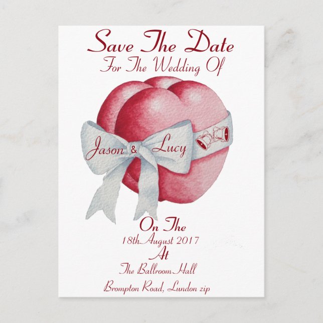 red hearts with white bow ribbon save the date announcement postcard (Front)