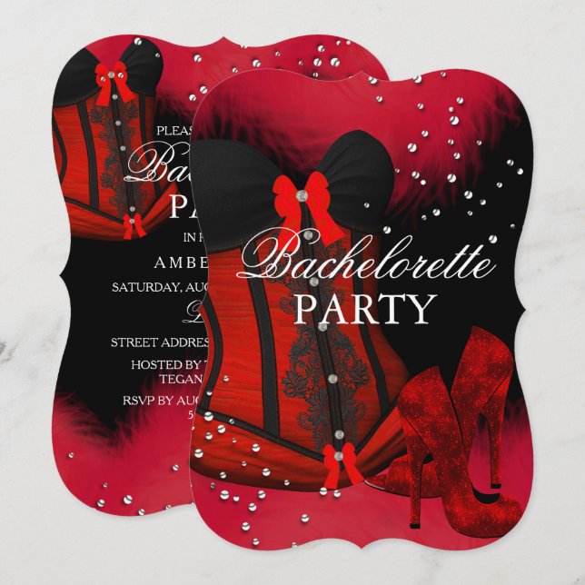 Red Heels Feather Lace Corset Bachelorette Party Invitation (Front/Back)
