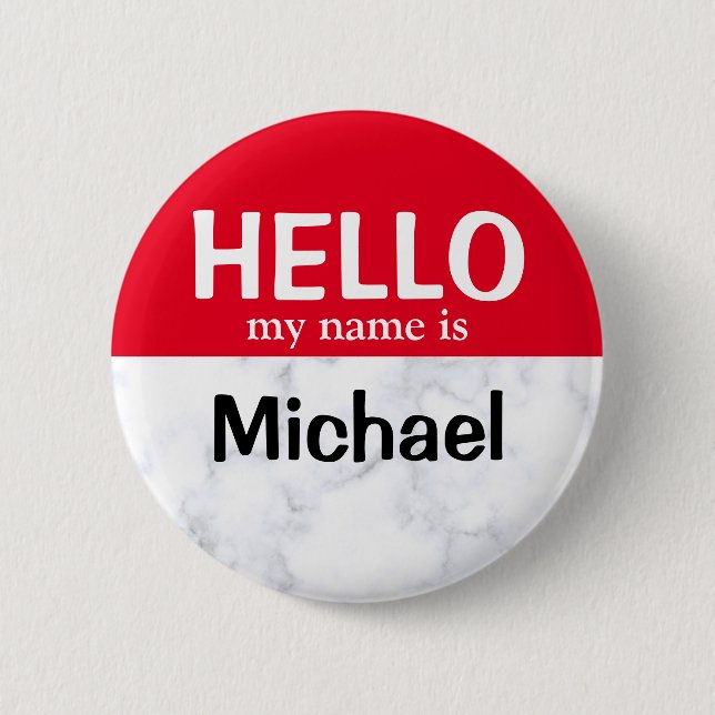 Red Hello My Name Is Personalised pin button (Front)