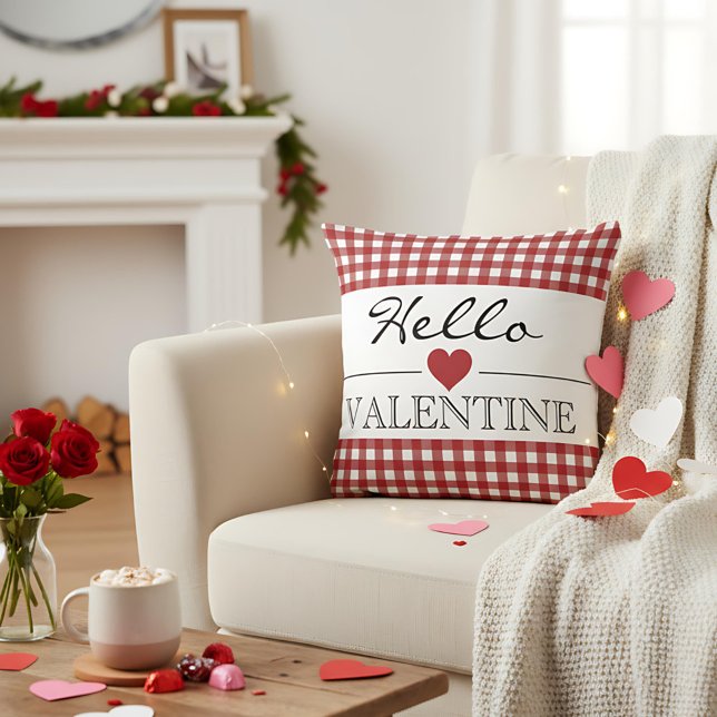Red Hello Valentine Plaid Gingham Cushion (Creator Uploaded)