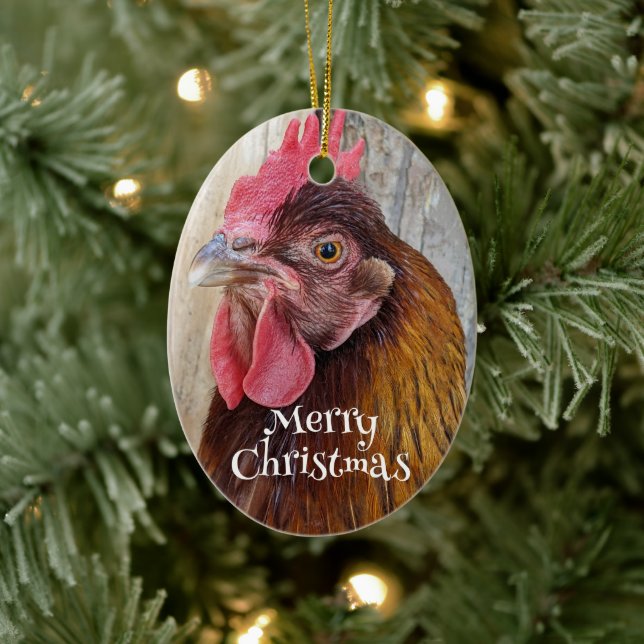 Red Hen Chicken Photo Holiday Ceramic Ornament (Tree)