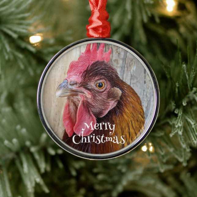 Red Hen Chicken Photo Holiday Metal Ornament (Tree)