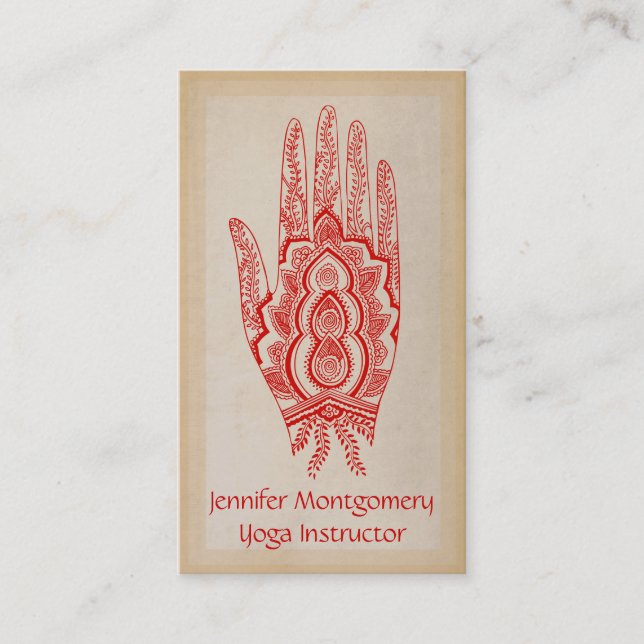Red Henna Hand Yoga Instructor Business Card (Front)