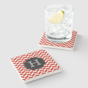 Red Herringbone Chevron Pattern with Monogram Stone Coaster