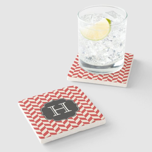 Red Herringbone Chevron Pattern with Monogram Stone Coaster (Side)