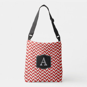 Red Herringbone Chevrons Pattern with Monogram Crossbody Bag