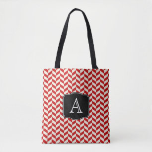 Red Herringbone Chevrons Pattern with Monogram Tote Bag