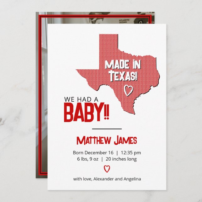 Red Herringbone Made in Texas Photo Baby Announcement (Front/Back)