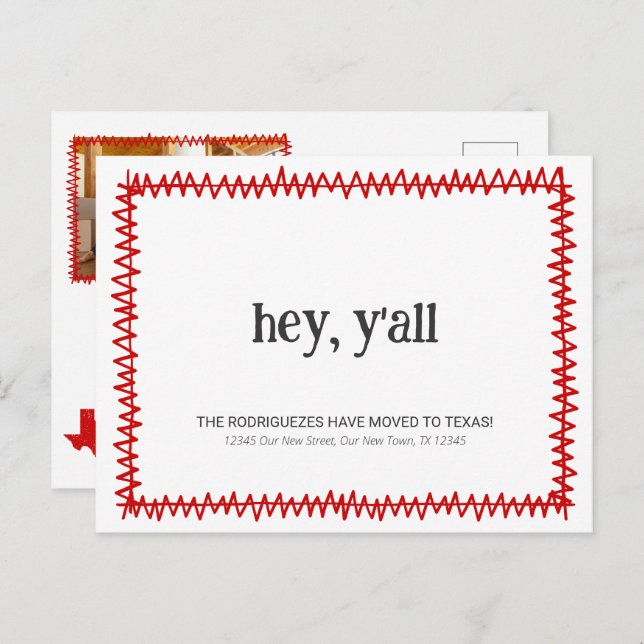 Red Hey Y'all - Moved to Texas Postcard (Front/Back)