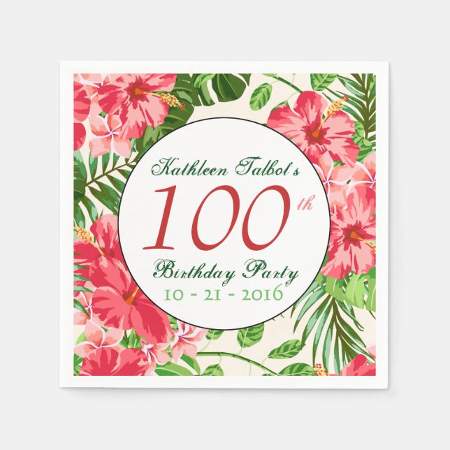 Red Hibiscus 100th Birthday Party Paper Napkin (Front)