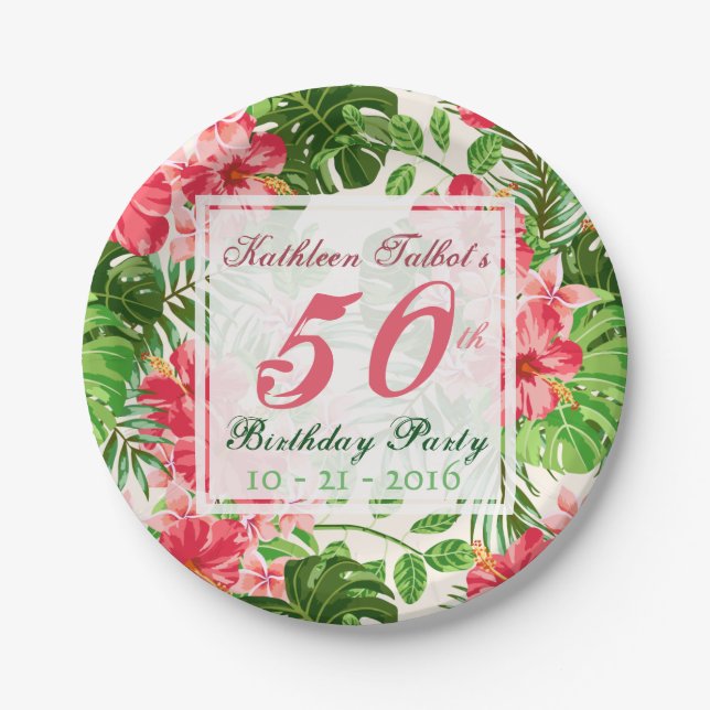 Red Hibiscus 50th Birthday Party Paper Plate (Front)