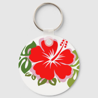Red Hibiscus and Leaves Key Ring