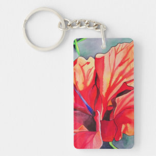 Red hibiscus art flower key ring