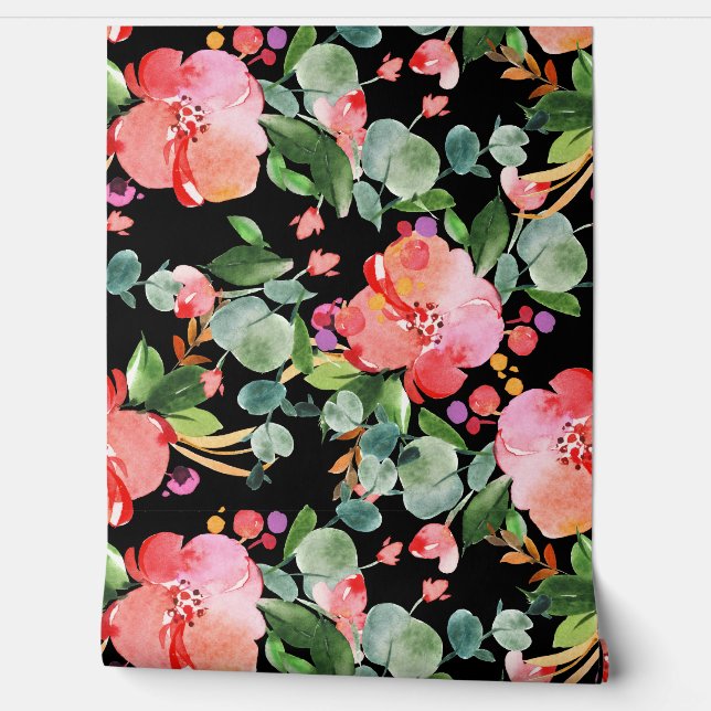 Red Hibiscus Eucalyptus Greenery on Black  Wallpaper (Unrolling)