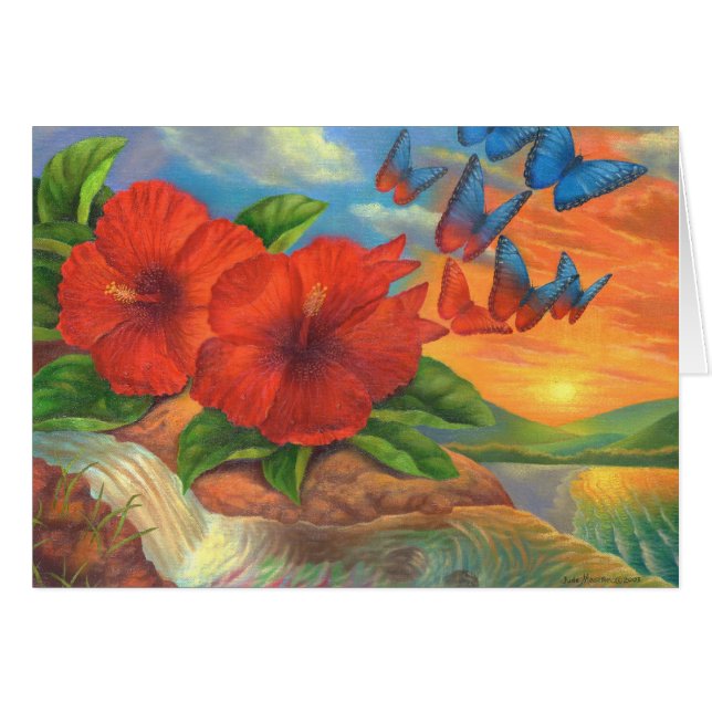 Red Hibiscus Floral With Butterflies Surreal Card (Front Horizontal)