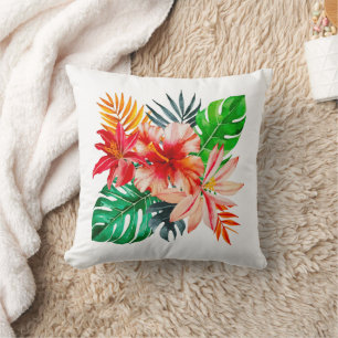 Red Hibiscus flower and Monstera leaves Cushion