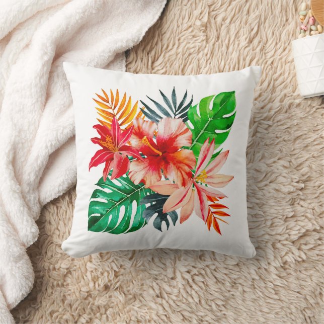 Red Hibiscus flower and Monstera leaves Cushion (Blanket)