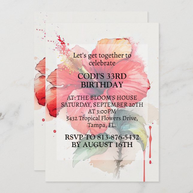 Red Hibiscus Flower Art Birthday Party Invitation (Front/Back)