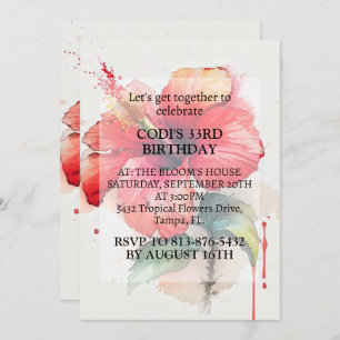 Red Hibiscus Flower Art Birthday Party Invitation