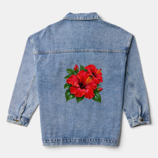 Red Hibiscus Flower Botanical Floral Denim Jacket