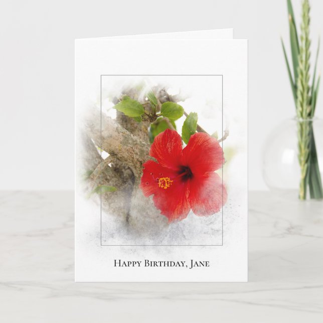 Red hibiscus flower in frame for birthday card (Front)