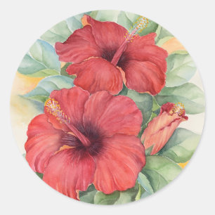 Red Hibiscus Flower Round Stickers Watercolor Art