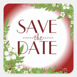 Red hibiscus flower save the date stickers