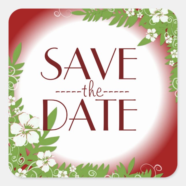 Red hibiscus flower save the date stickers (Front)