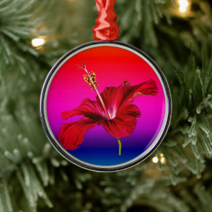 Red Hibiscus Flower Side View Metal Ornament