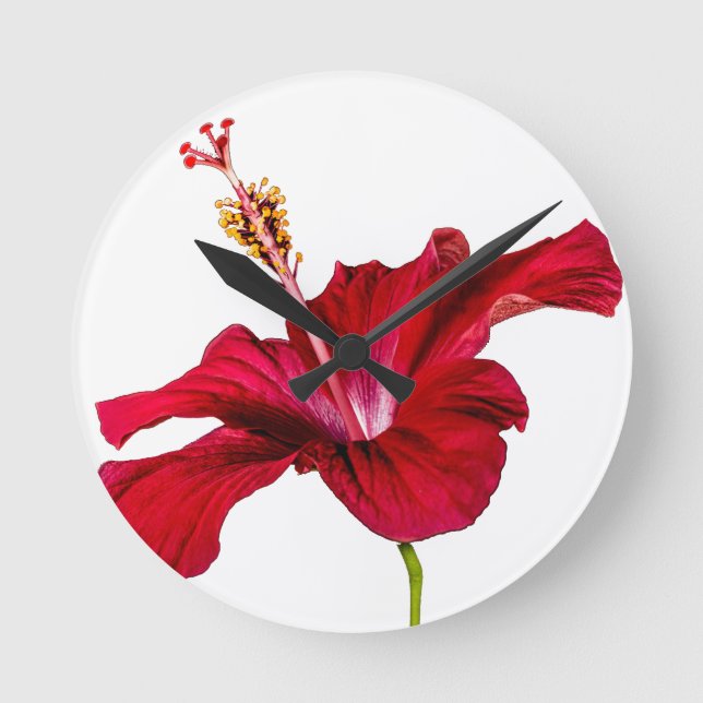 Red Hibiscus Flower Side View Round Clock (Front)