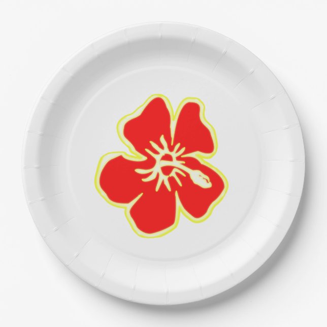 Red Hibiscus Flower Tropical Hawaiian Luau Party Paper Plate (Front)