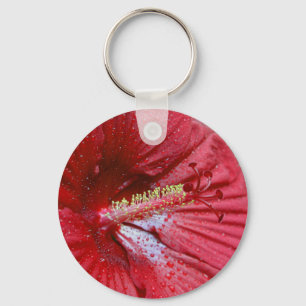 Red Hibiscus Flower With Raindrops Photo Key Ring