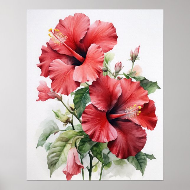 Red Hibiscus Flowers Art Print Poster (Front)