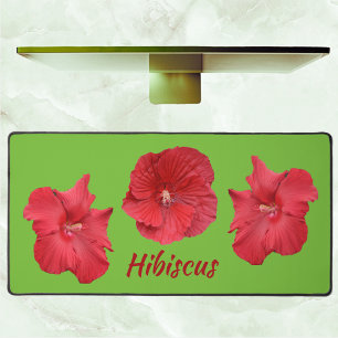 Red Hibiscus Flowers Bright Green Tropical Desk Mat