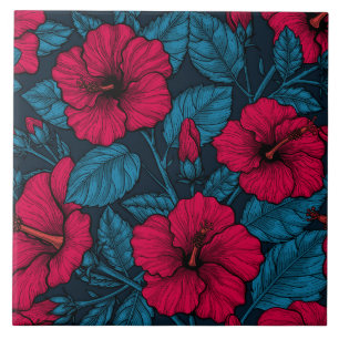 Red hibiscus flowers ceramic tile