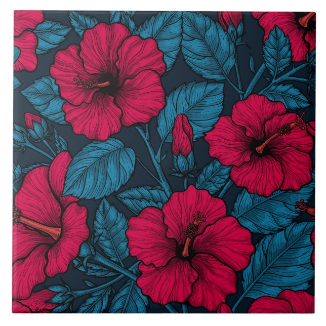 Red hibiscus flowers ceramic tile (Front)