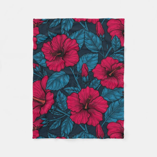 Red hibiscus flowers fleece blanket (Front)