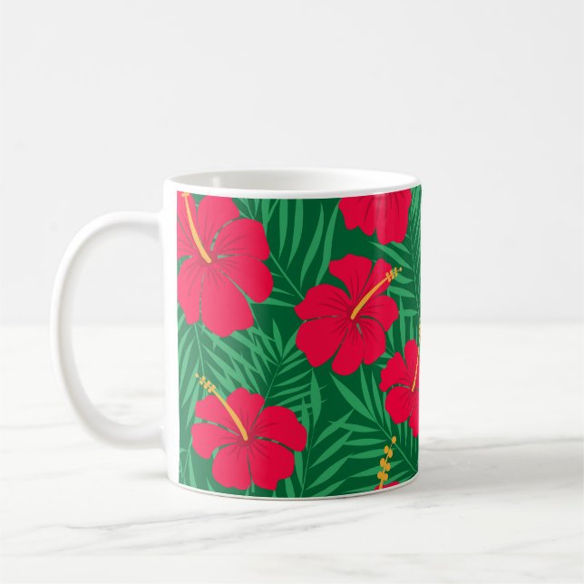 Red Hibiscus Flowers on Green Tropical Leaves  Coffee Mug (Left)