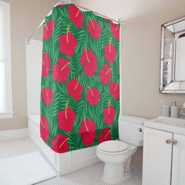 Red Hibiscus Flowers on Green Tropical Leaves  Shower Curtain (In Situ)