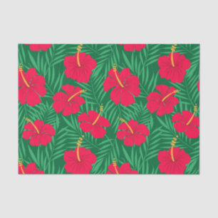 Red Hibiscus Flowers on Green Tropical Leaves Tissue Paper