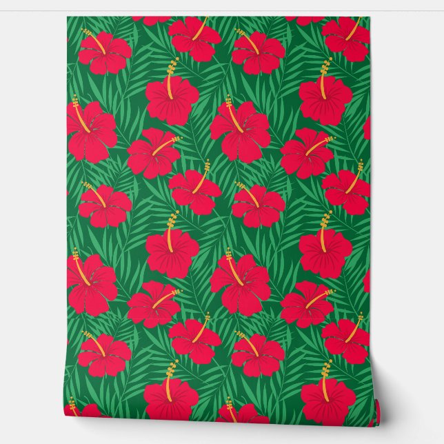 Red Hibiscus Flowers on Green Tropical Leaves  Wallpaper (Unrolling)