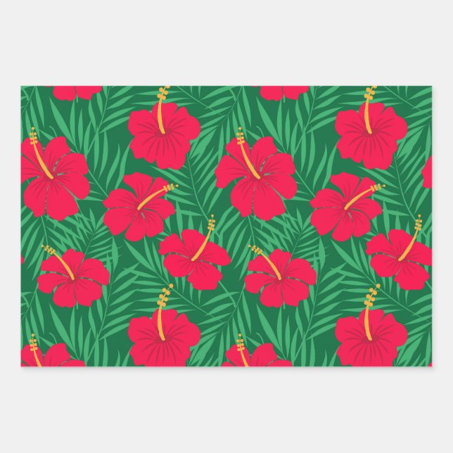 Red Hibiscus Flowers on Green Tropical Leaves  Wrapping Paper Sheet (Front)